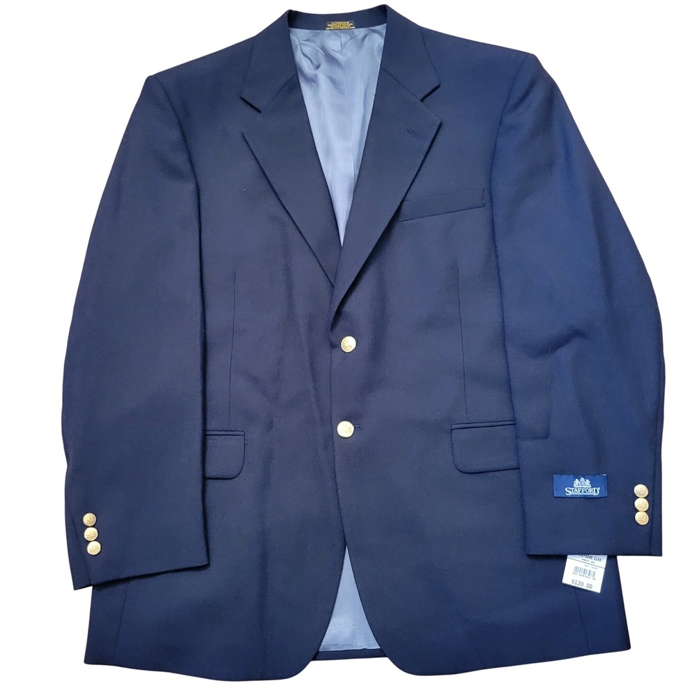 Stafford 42R Hopsack Blazer Navy Blue Gold Crest‎ Buttons NEW Nautical Preppy